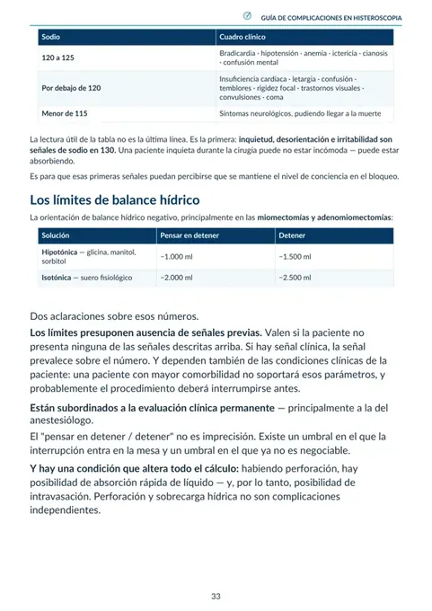 Página de la guía con la tabla de sodio y los límites de balance hídrico